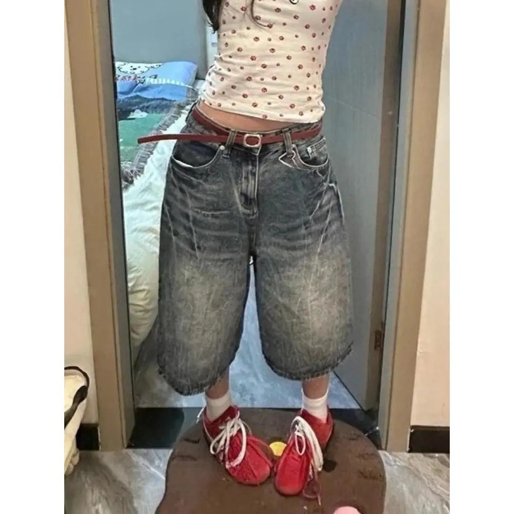 Women Vintage Washed Denim Jorts Y2K High Waist Baggy Wide Leg Knee Length Shorts Casual Streetwear Korean Fashion Jeans Bottoms