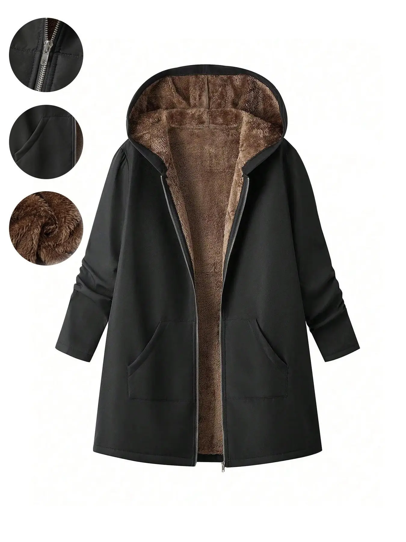 Plus Size Women's Mid-Length Fleece Lined Hooded Jacket, Coats, Windproof Durable Outerwear, Sheepskin Lining, Fall Winter Essential