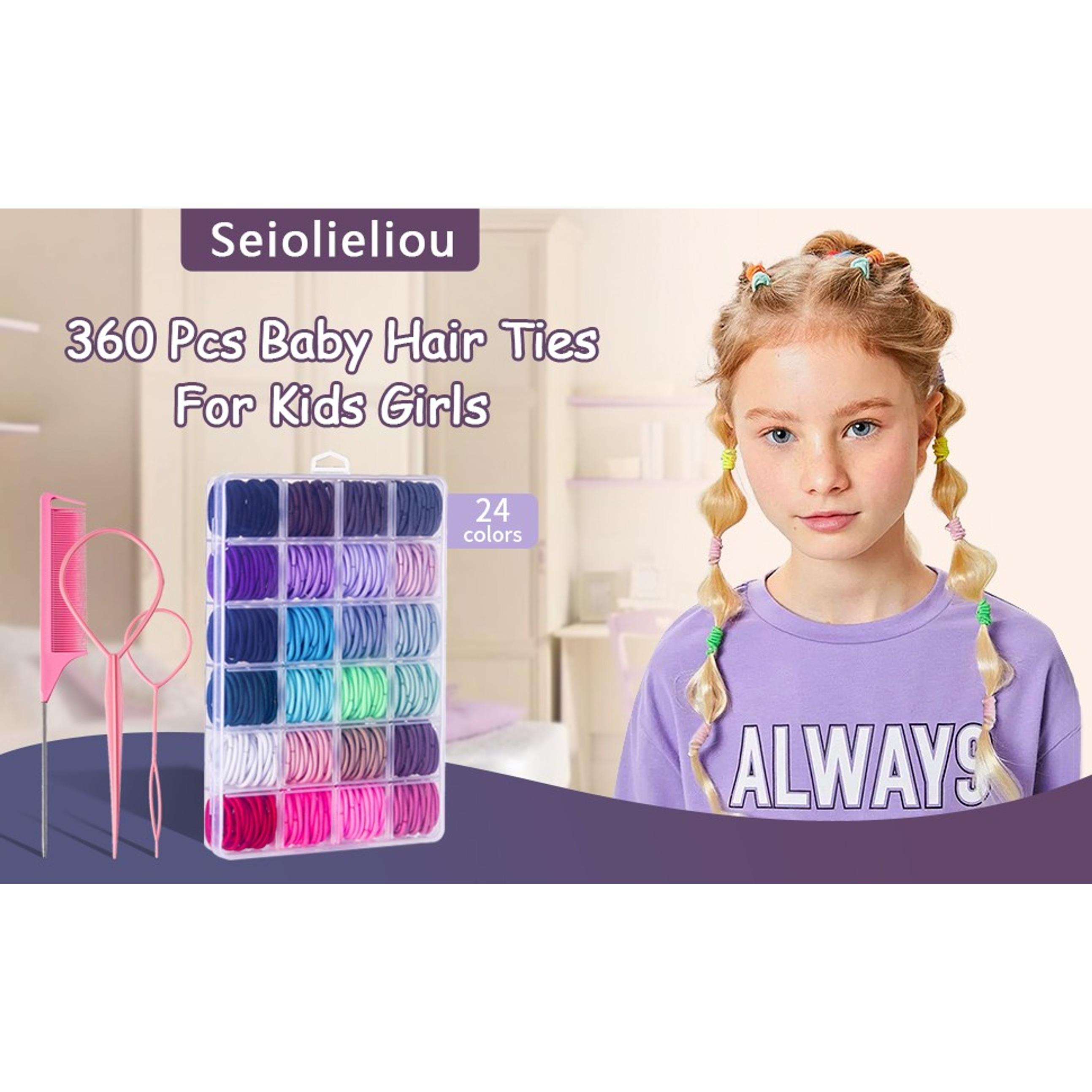 360PCS Hair Accessory Set: Elastic Ponytail Holders, Clear Organizer Box, Rat Tail Comb, 24 Colors for Kids, Toddlers, and Girls