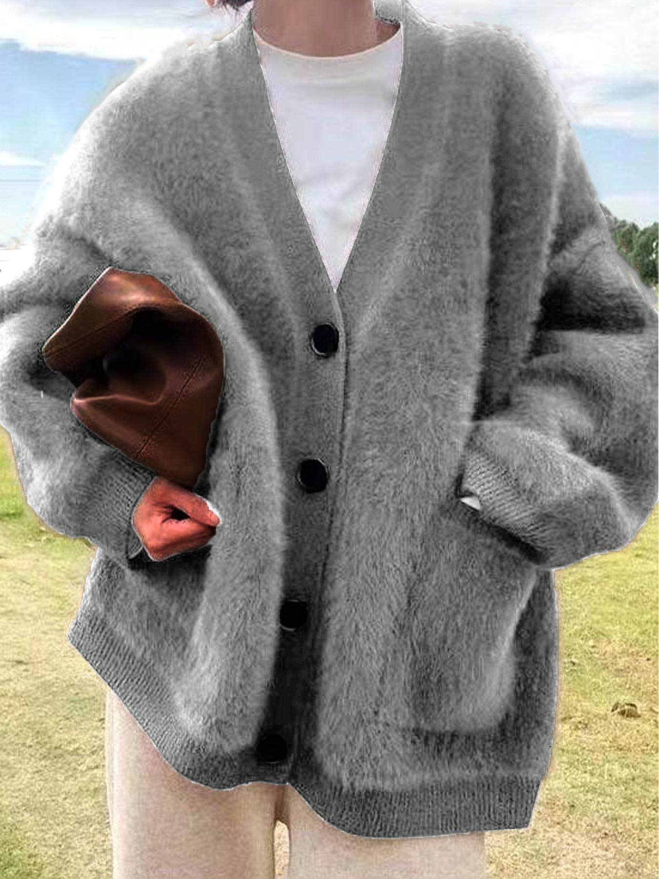 Women's Solid Button Front Pocket Drop Shoulder Fuzzy Sweater Cardigan, Casual Long Sleeve V Neck Cardigan for Daily Wear, Ladies Knitwear for All Seasons
