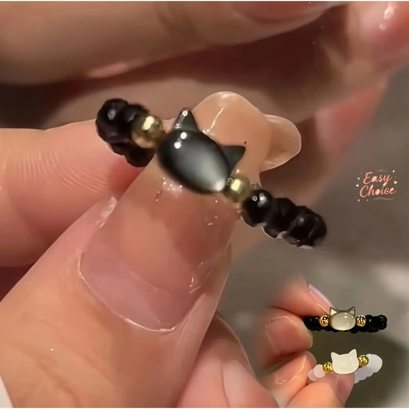 2Pcs/1Pcs Cute Cat Face Beaded Stretch Ring, Black/White Crystal Elastic Stackable Ring, Dainty Cat Design Finger Ring for Women, Minimalist Kawaii Jewelry Gift