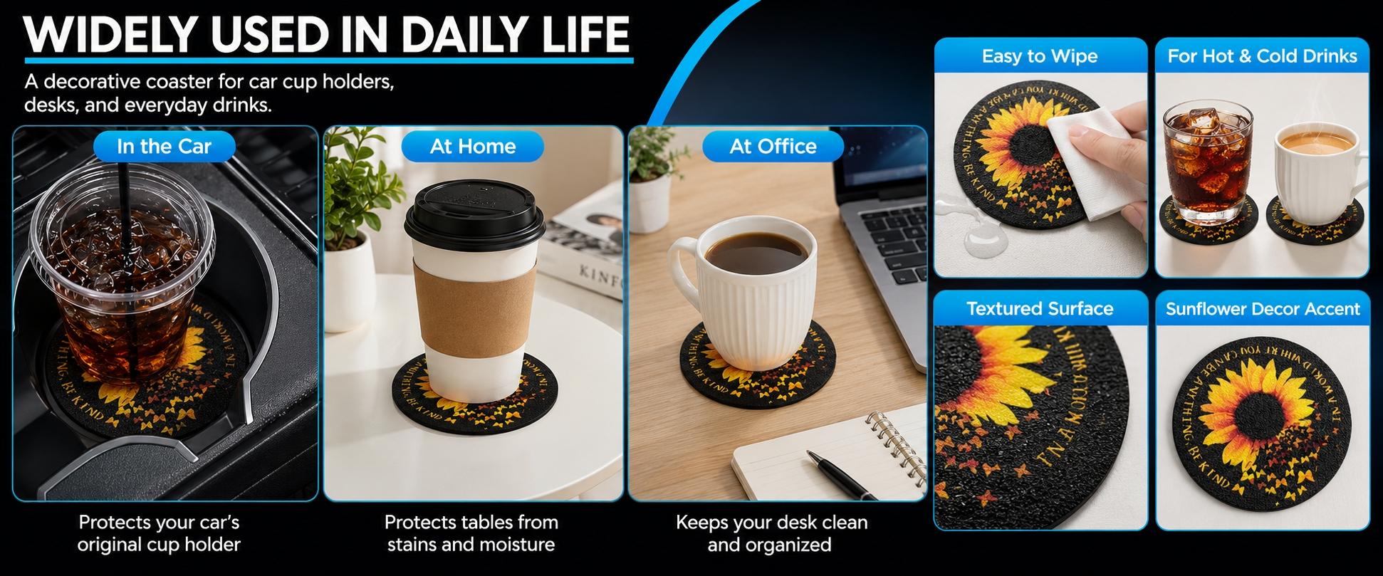 2PCS Sunflower Car Cup Holder Coasters, 2.56 Inch Non-Slip Car Cup Holder Inserts, Absorbent Drink Mats for Water Bottles, Coffee Cups, Aesthetic Car Accessory, Automotive Interior Accessories for Cars, SUVs, Trucks & RVs