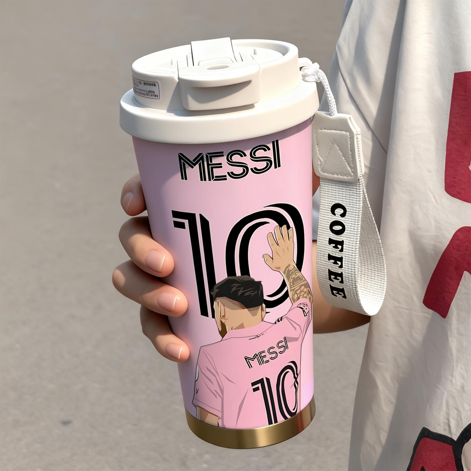 Auracup 18 oz Soccer Vacuum Tumbler, Messi 10 Design Double-Wall Stainless Steel Insulated Mug with Lid and Strap, Leak-Proof Skinny Portable Thermal Cup for Hot and Cold Drinks, Football Fan Coffee Travel Mug