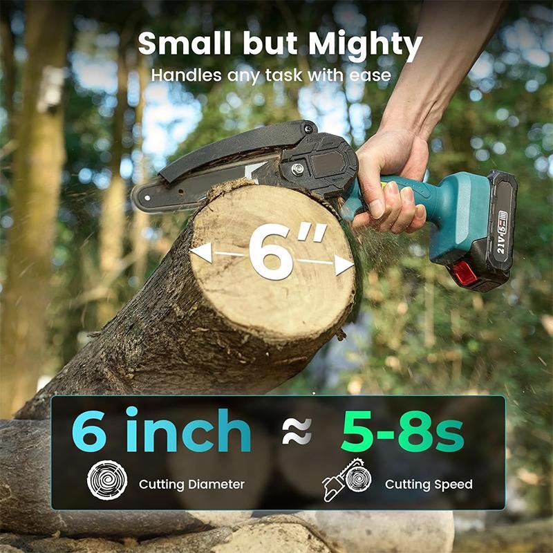 21V Cordless Mini Chainsaw 6-Inch - Compact Handheld Power Chain Saw with 2x2000mAh Batteries  Security Lock for Efficient Wood Cutting, Tree Trimming, and Pruning - Ideal for Homeowners, Gardeners, and DIY
