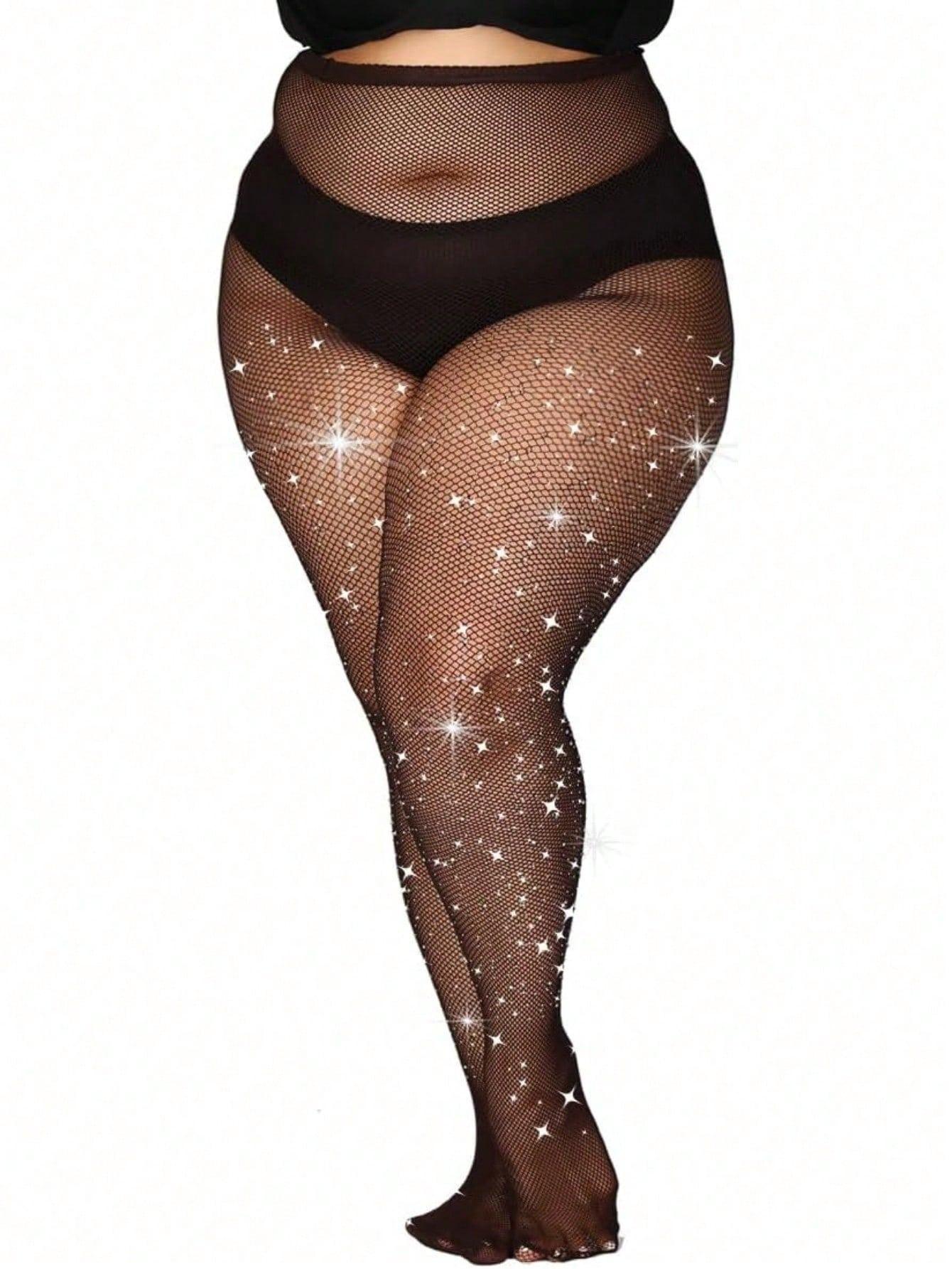 2pcs Plus Size Women's Rhinestone Embellished Fishnet Tights, Stretchy Skinny Mesh Stockings, Goth Style, All Seasons Clubwear