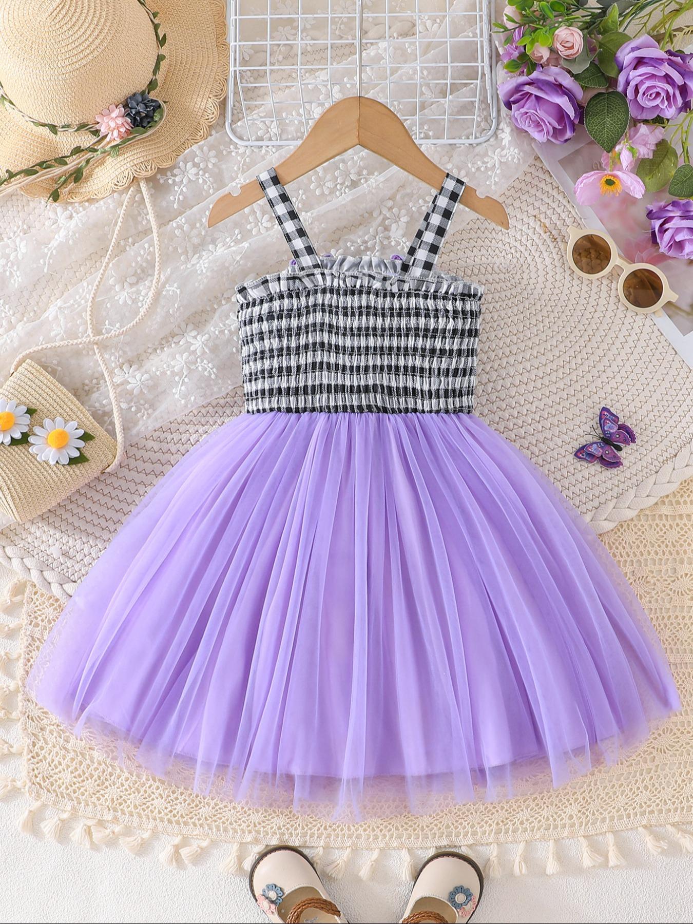 Little Girl Casual Summer Dress, Sleeveless Plaid Smocked Top & Purple Tulle Skirt with Butterfly Decor, Cute Style