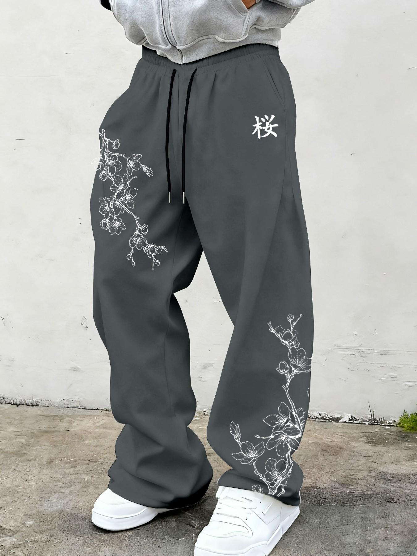 Men's Loose Fit Wide Leg Sweatpants, Cherry Blossom Print Casual Long Pants, Street Style Straight Leg, Athleisure Style Bottoms, Floral Print Sweatpants, Ideal for Daily Wear, Gym, Home, Travel