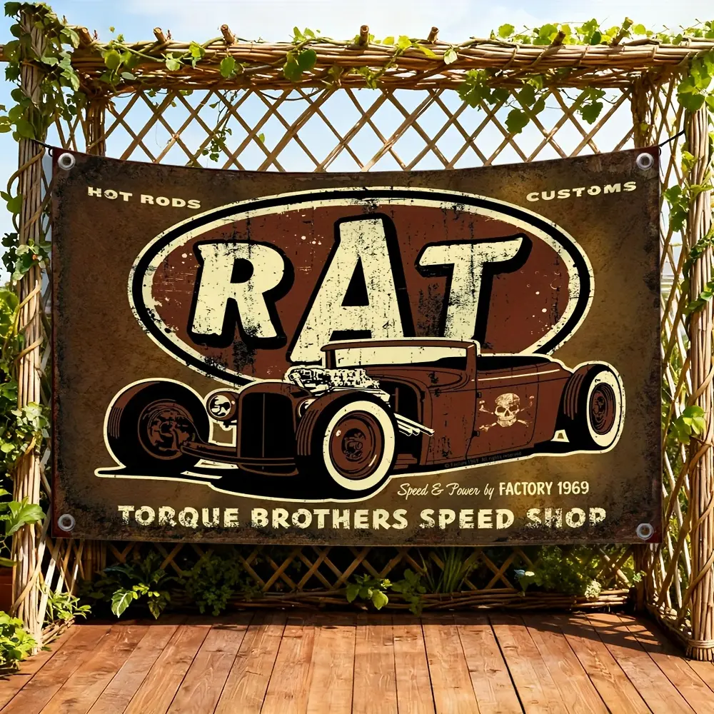 1pc H-Hot Rod Shops Racing Car Flag Banner - 3x5ft & 2x3ft Suitable for Indoor/Outdoor, Four-Grommet Pull Banner with Hot Rod Design, Durable Tapestry for Garage, for Man Cave, Racing Parties, Vehicle Decoration for Motorsport Fans