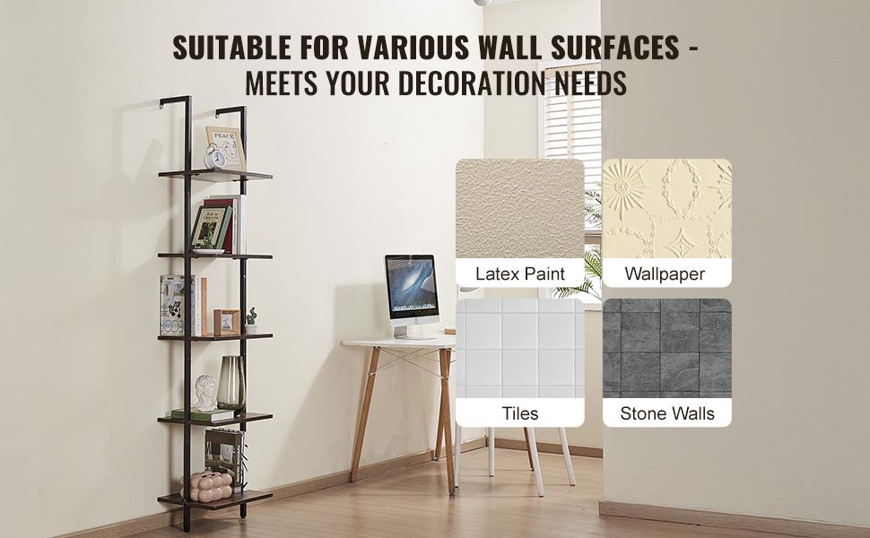 VEVOR Ladder Shelf, 5-Tier Bookshelf 15.6x11.8in, Open Wall-Mounted Ladder Shelf with Metal Frame, Storage Rack Sundries Holder for Kitchen Bedroom Bathroom Living Room, Black VEVOR Ladder Shelf, 5-Tier Bookshelf 15.6x11.8in, Open Wall-Mounted Ladder Shelf with Metal Frame, Storage Rack Sundries Holder for Kitchen Bedroom Bathroom Living Room, Black