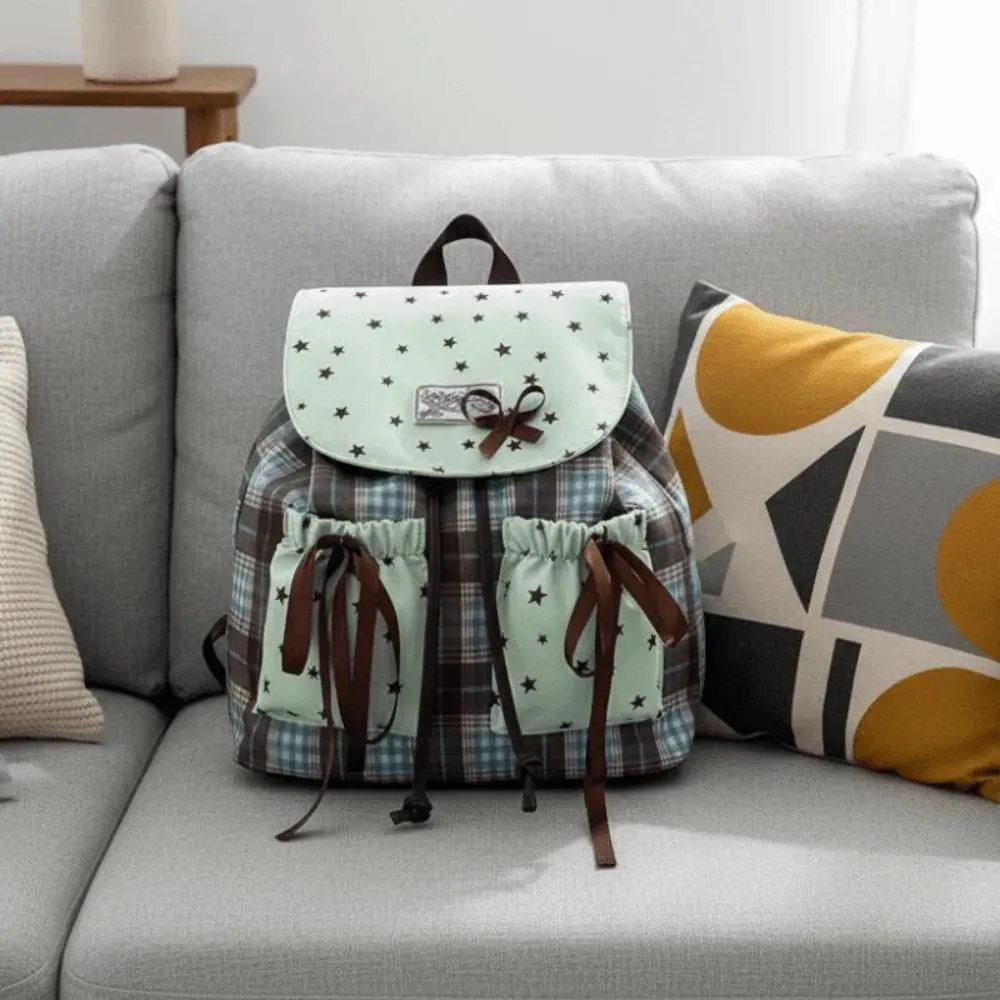 Cute Bow Plaid Mini Backpack, Star Print Small Backpack for Girls & Students, Vintage Check Pattern School Bag in Mint Green, Lightweight Travel Daypack for School, Shopping & Everyday Use