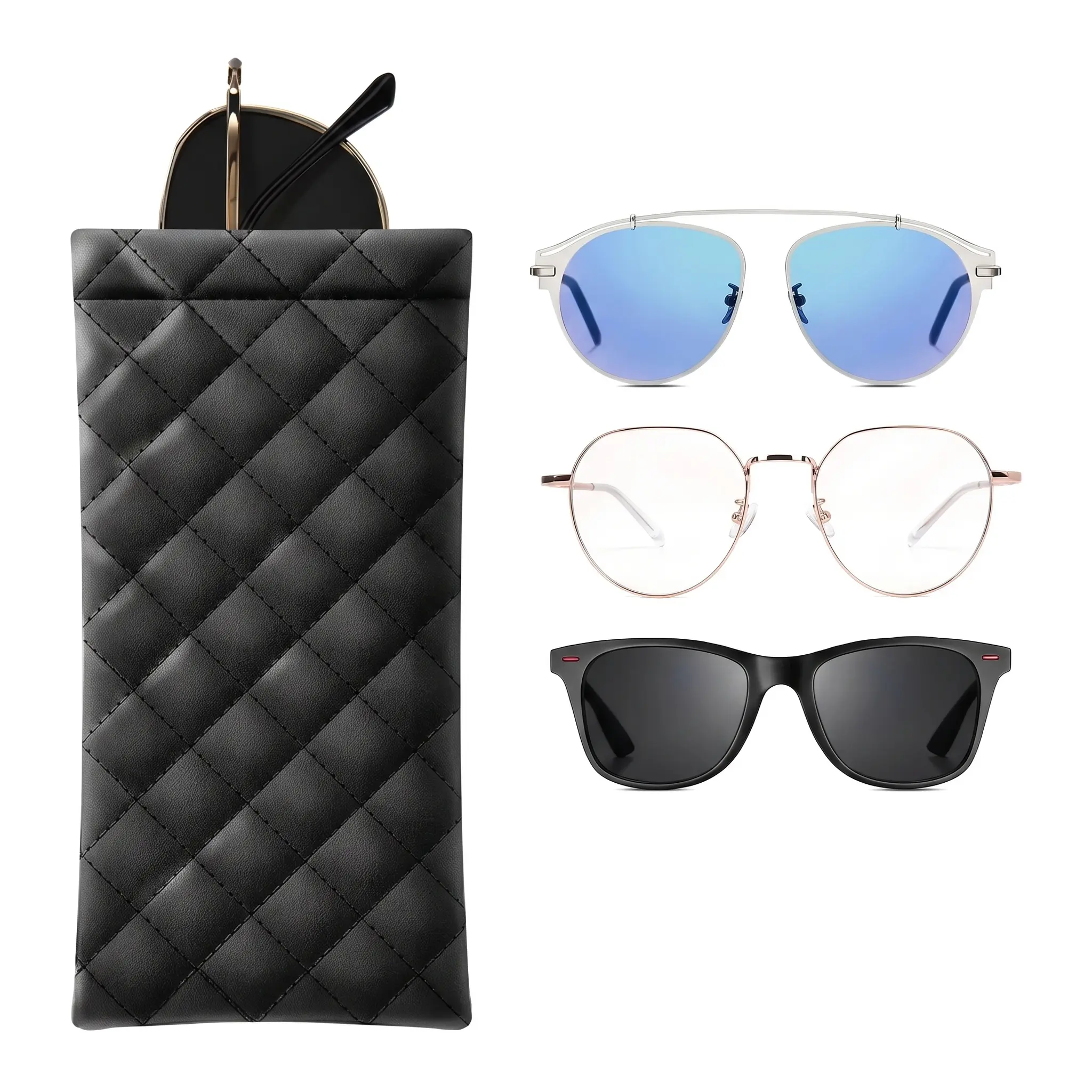 Portable Sunglasses Case Set Soft PU Leather Eyewear Organizer Pocket Sized Storage For Travel Daily Commute Unique Quilted Pattern Cute Everyday Essential