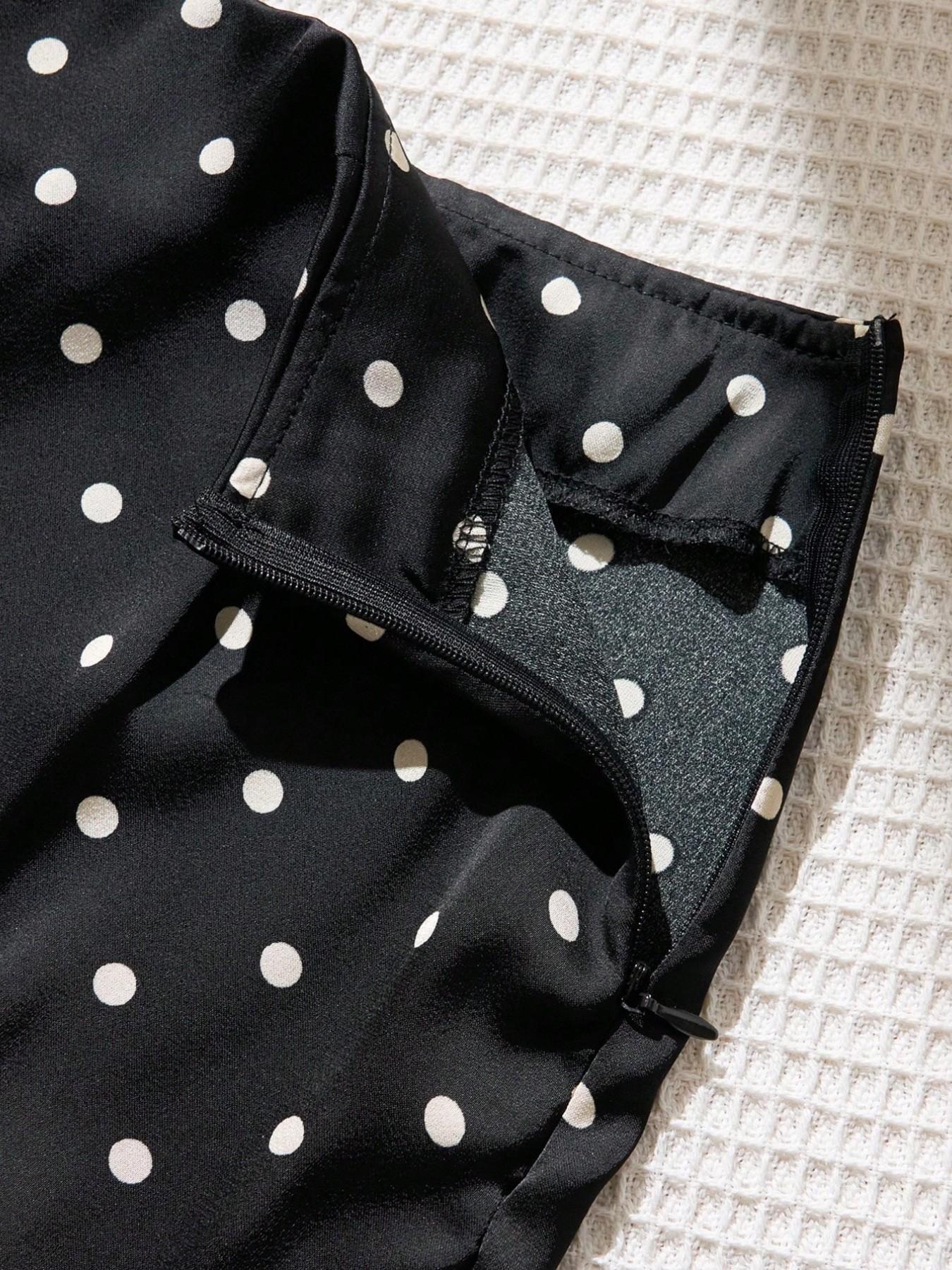 Polka Dot Satin Lace High Waist A-Line Mini Skirt, Elegant Vintage Smooth Casual Flowy Short Dress for Women