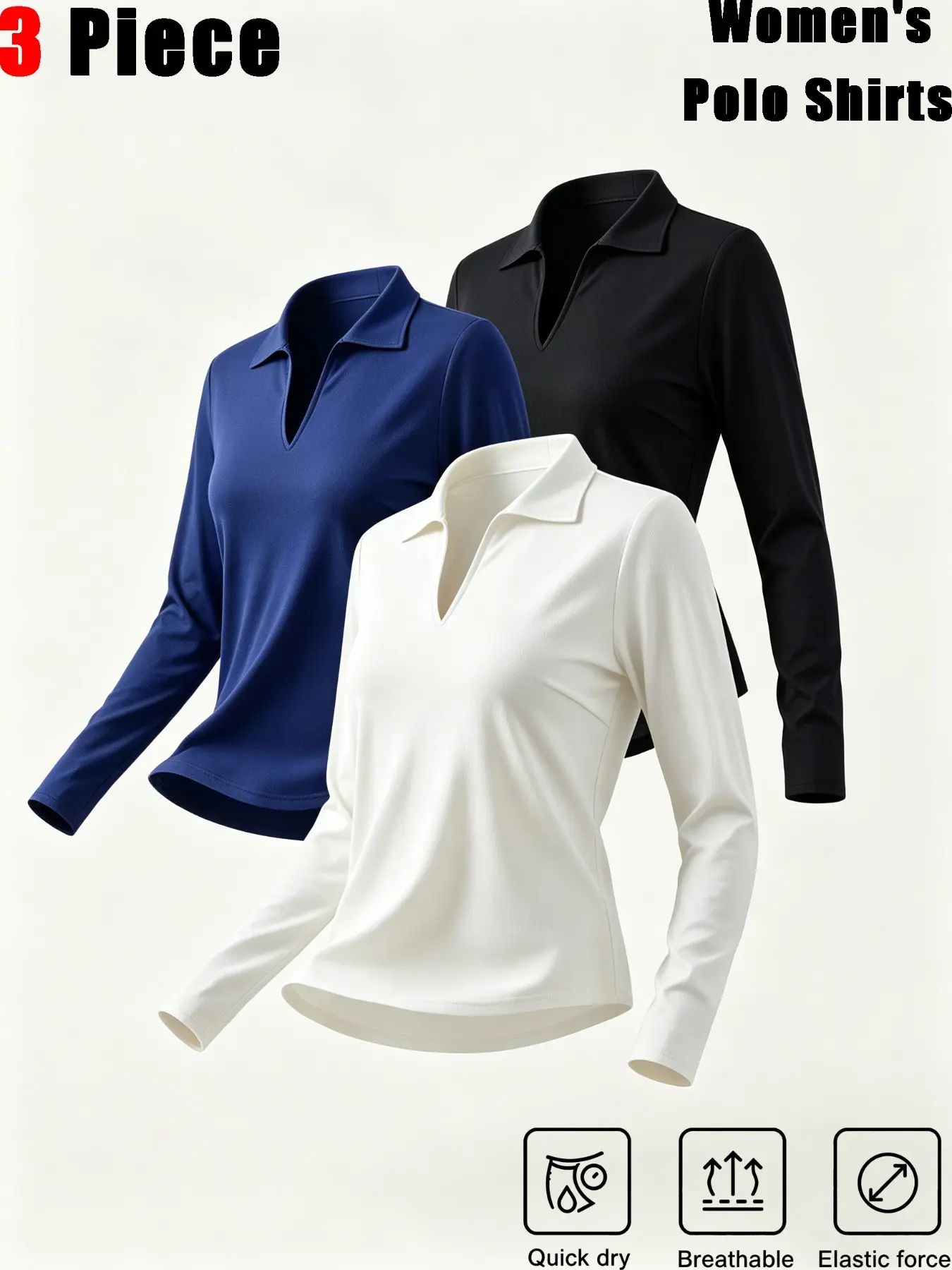 3-Pack Women's Sporty Polo Shirts, Long Sleeve Plain Design, Moisture-Wicking Breathable Top, Ideal for Golf Baseball Tennis