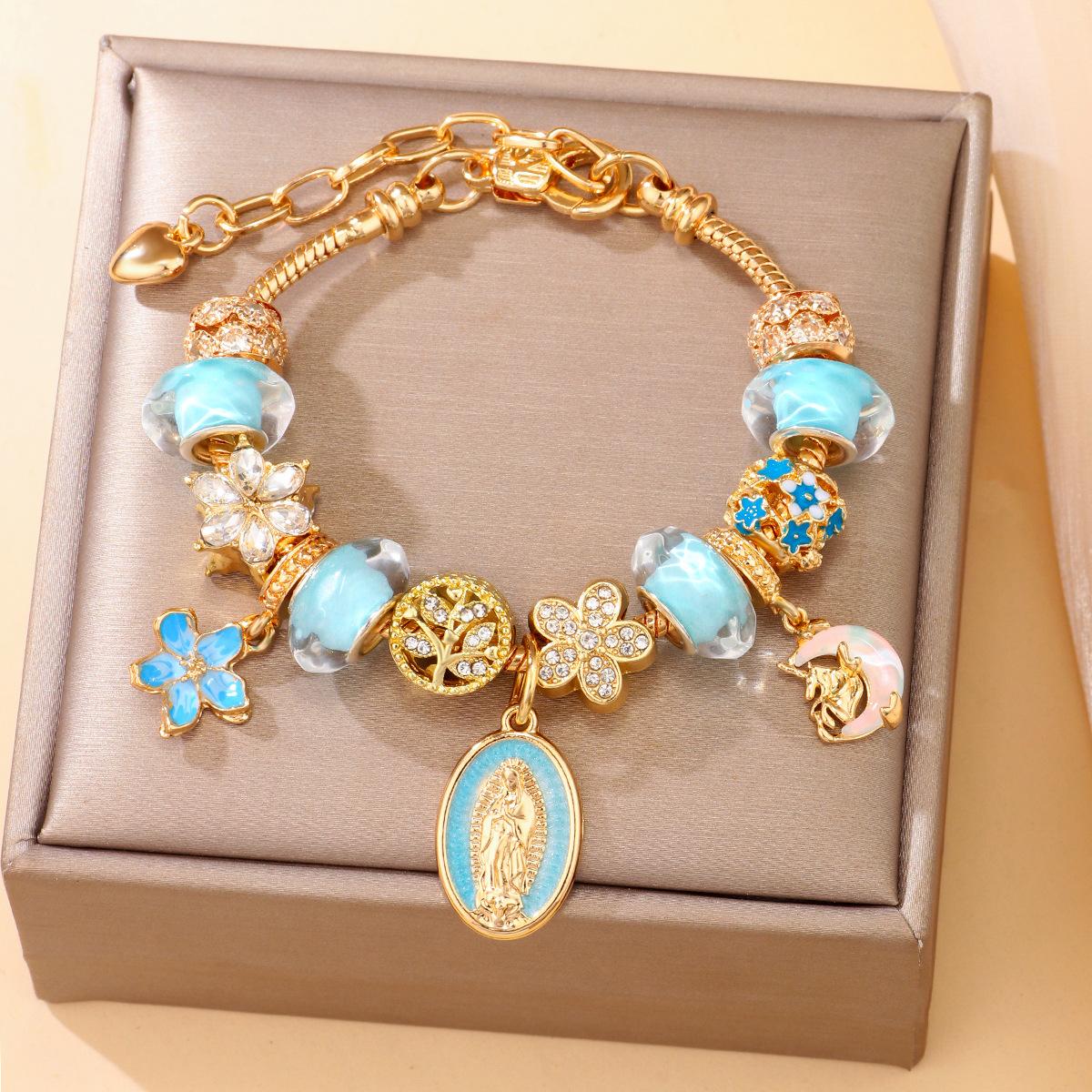 Heart Cherry Blossom Pendant Bracelet, Fashion Bracelet, Glow-In-The-Dark Cross Bracelet, Mom Angel Cross Faith Jewelry