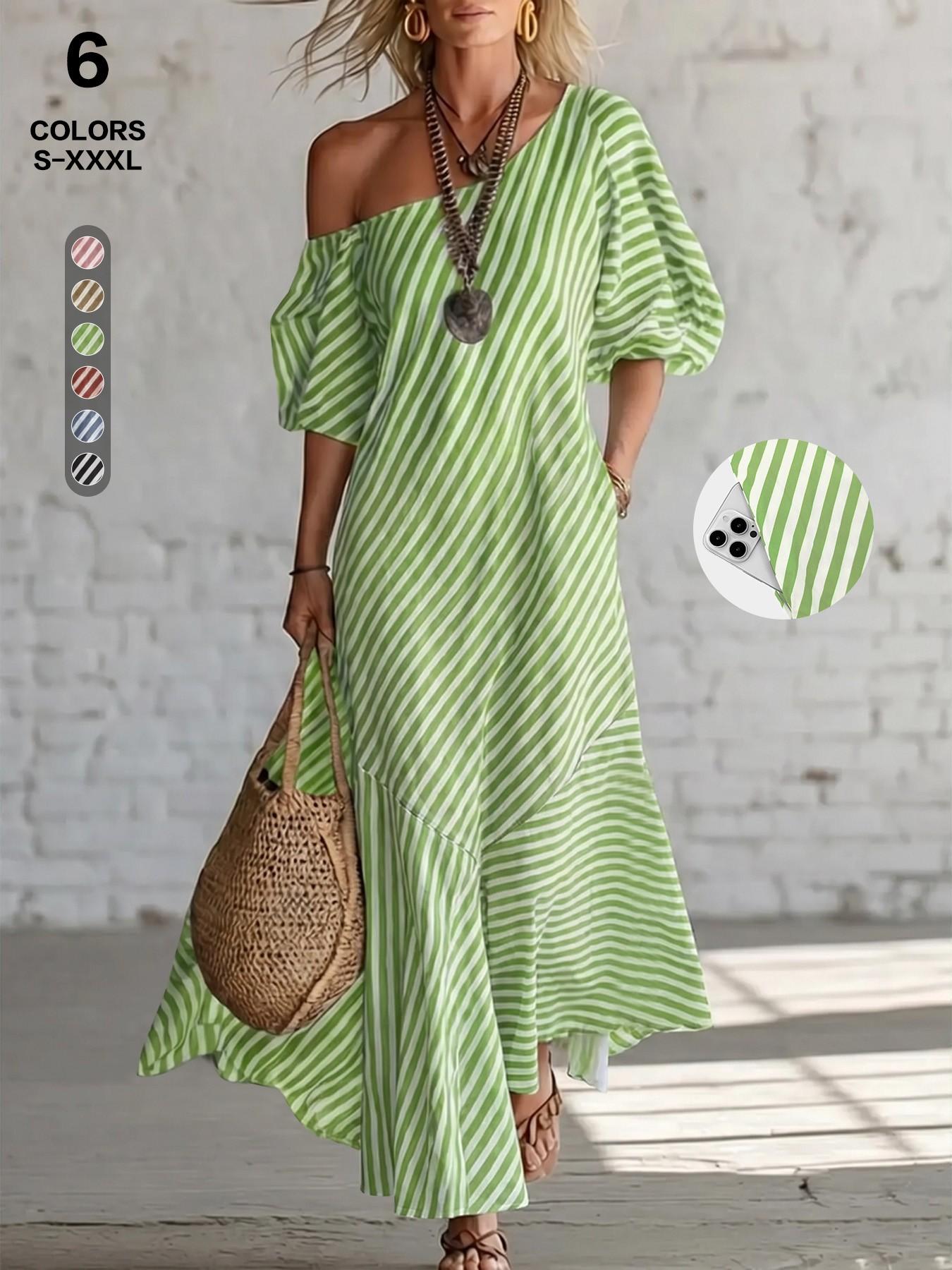 2026 Summer Asymmetric One Shoulder Striped Maxi Dress, Puff Short Sleeve, Irregular Hem, Casual Beach Sundress for Coastal Vacation  house dress Casual Wear Piece