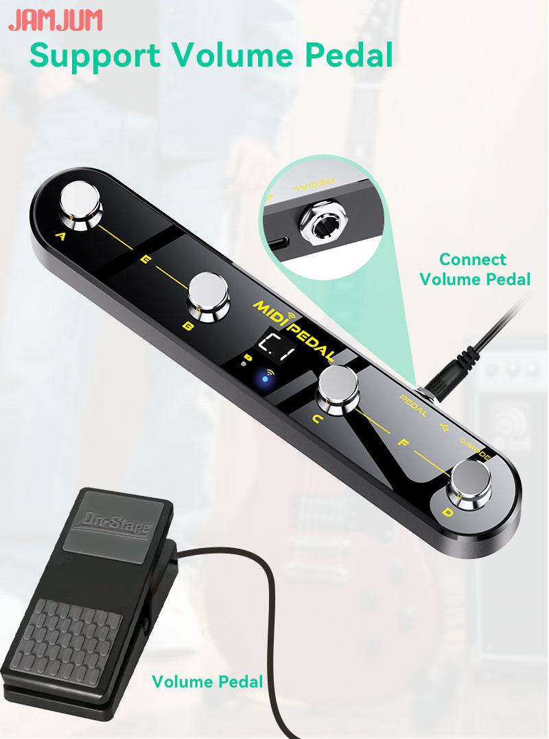 JAMJUM Wireless Midi Control Pedal with 4 Buttons, USB Rechargeable Battery, with APP, Portable Design for Music Production & Performance