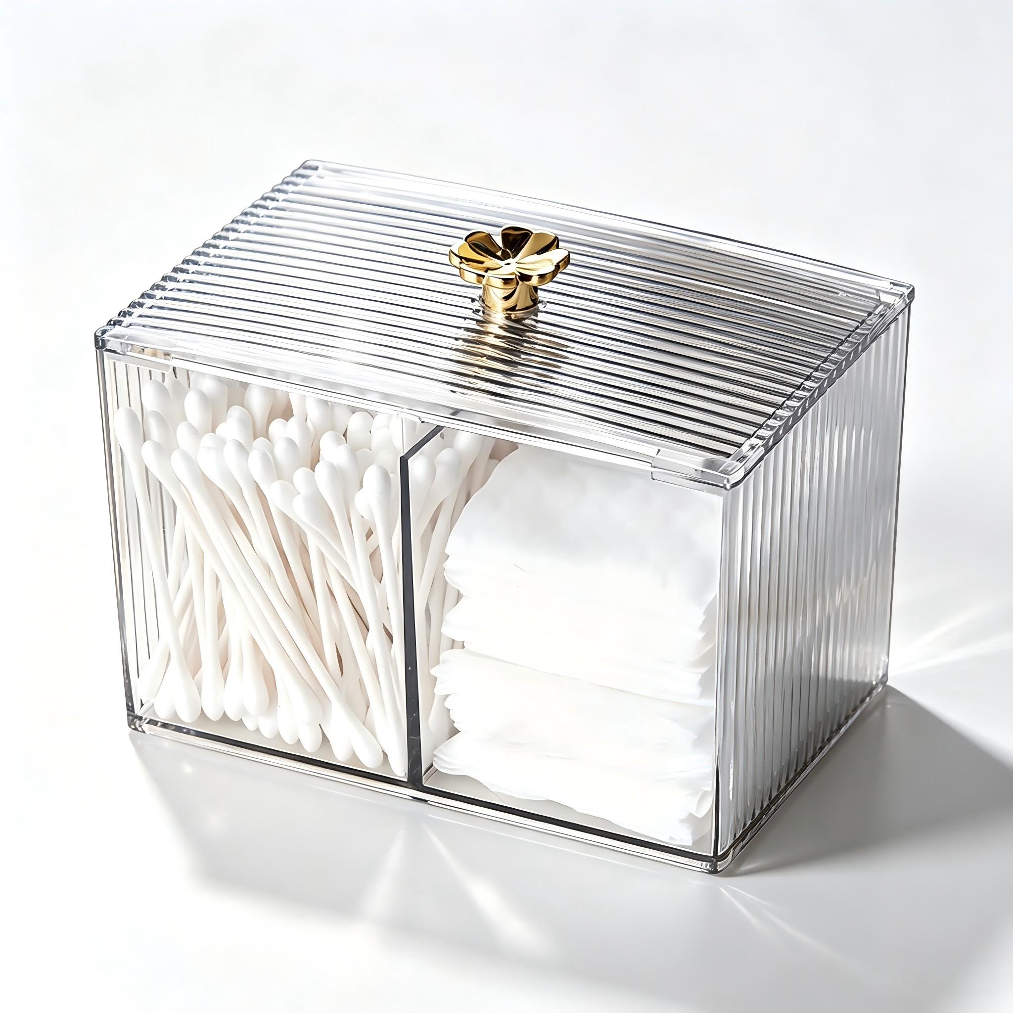 Clear Acrylic Makeup Organizer, 2‑Compartment Dustproof Vanity Storage Box with Lid, Ribbed Cosmetic Container with Lucky Clover Gold Knob for Cotton Pads, Q‑tips & Small Beauty Tools