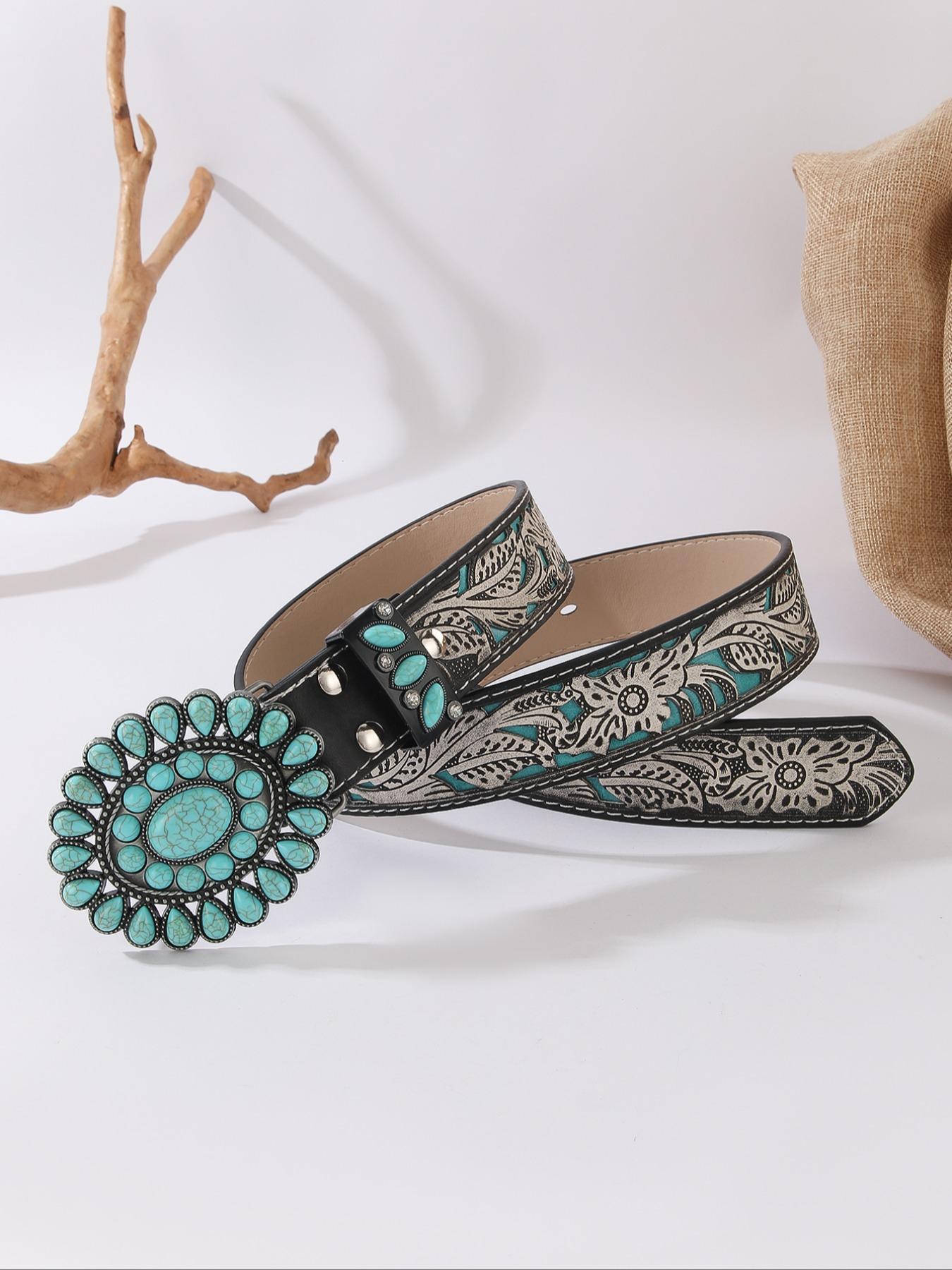 Women's Bohemian Style Waist Belt with Turquoise Alloy Buckle, Vintage Fashion Accessory for Ladies, Elegant Design for Daily Wear