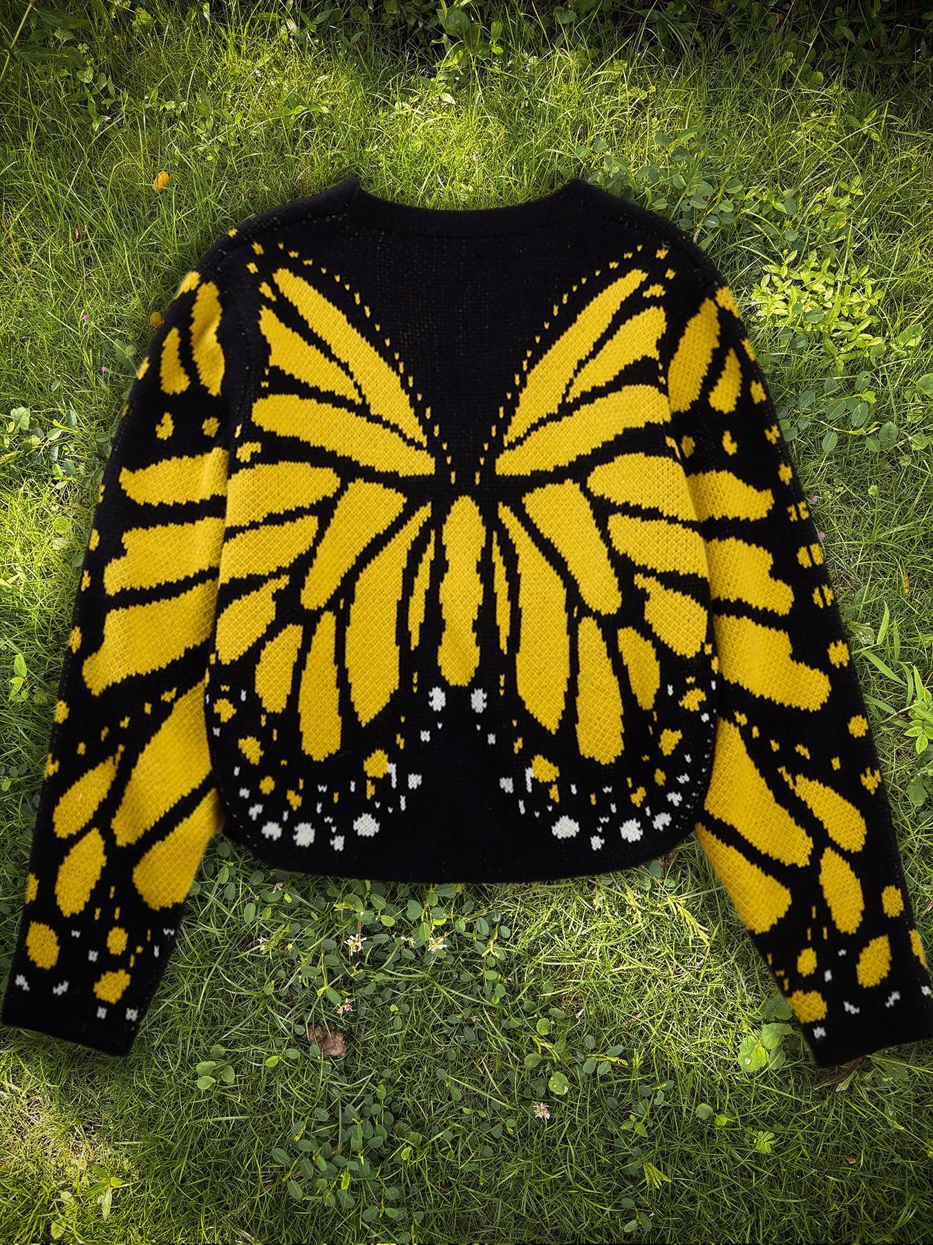 Women's Butterfly Pattern Knit Cardigan, V-Neck Button Long Sleeve Short Coat, Fall Sweater Jacket for Travel, Outdoor Picnics, Knitwear