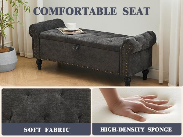 51" Bedroom Storage Bench, End of Bed Bench, Chenille Upholstered Benches, Ottoman with Storage, Window Benches with Rolled Arm and Nailhead Trim for Living Room, Entryway,