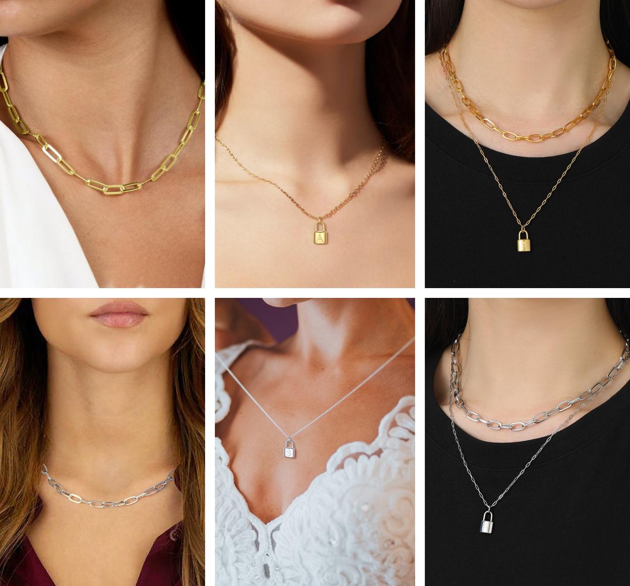 FindChic Dainty Initial Lock Necklaces 26 Letters A-Z Golden Two-layers Padlock Pendant Paperclip Chain Necklace Set For Women Men