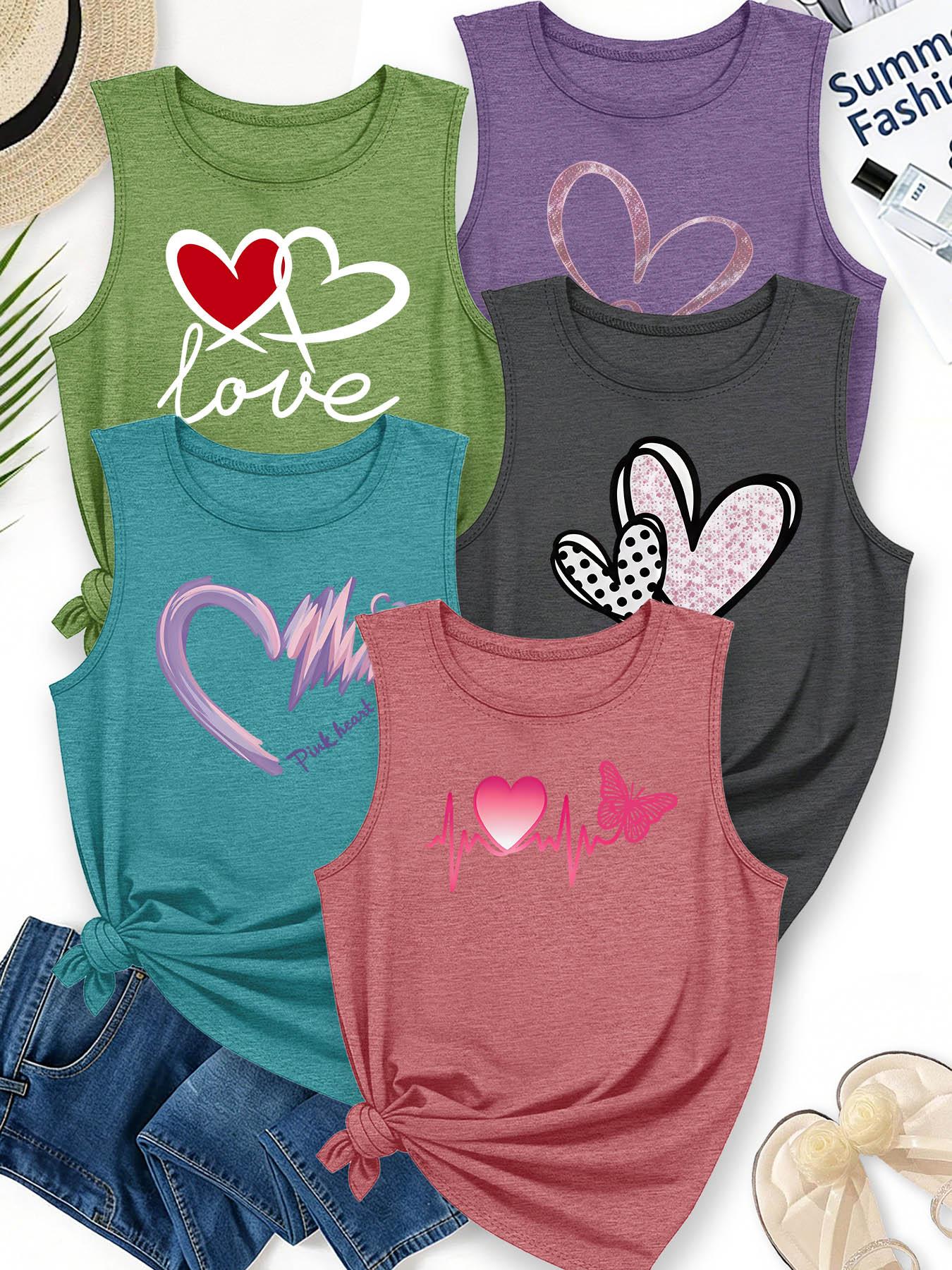 5Pcs Women Crew Neck Sleeveless Tank Tops, Varied Texture Heart Butterfly Sweet Print, Multi-color Washable Spring Summer Top, Soft Skin-friendly Fabric Daily Versatile Fashion Design