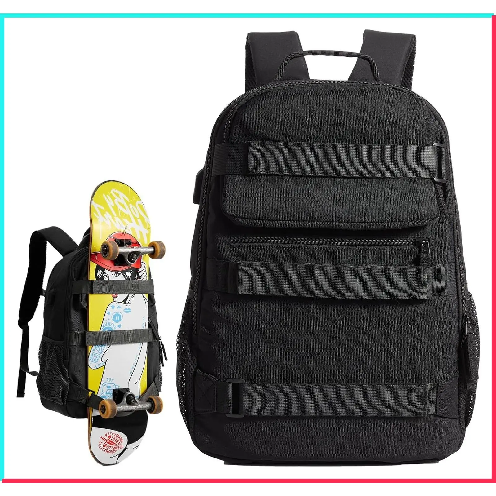 Skateboard Backpack, Large Skateboard Bag for Men and Women Laptop Bag with USB Port, for Skateboarding, College, Travel (Black)