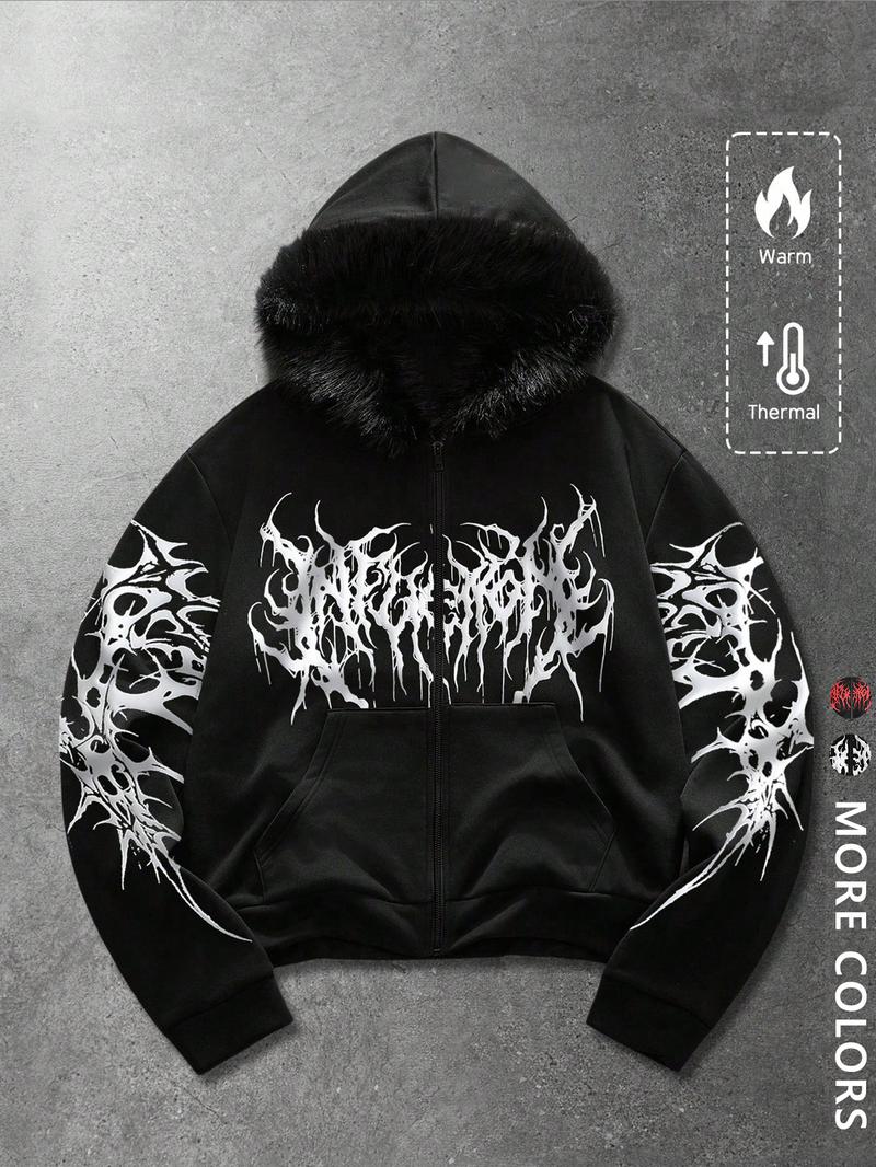 Unisex Y2K Gothic Angel Print Hooded Jacket, Hat with warm fleece lining,Fleece Lined, Zipper Design, Street Fashion, Warm and Stylish, Outdoor and Daily Wear