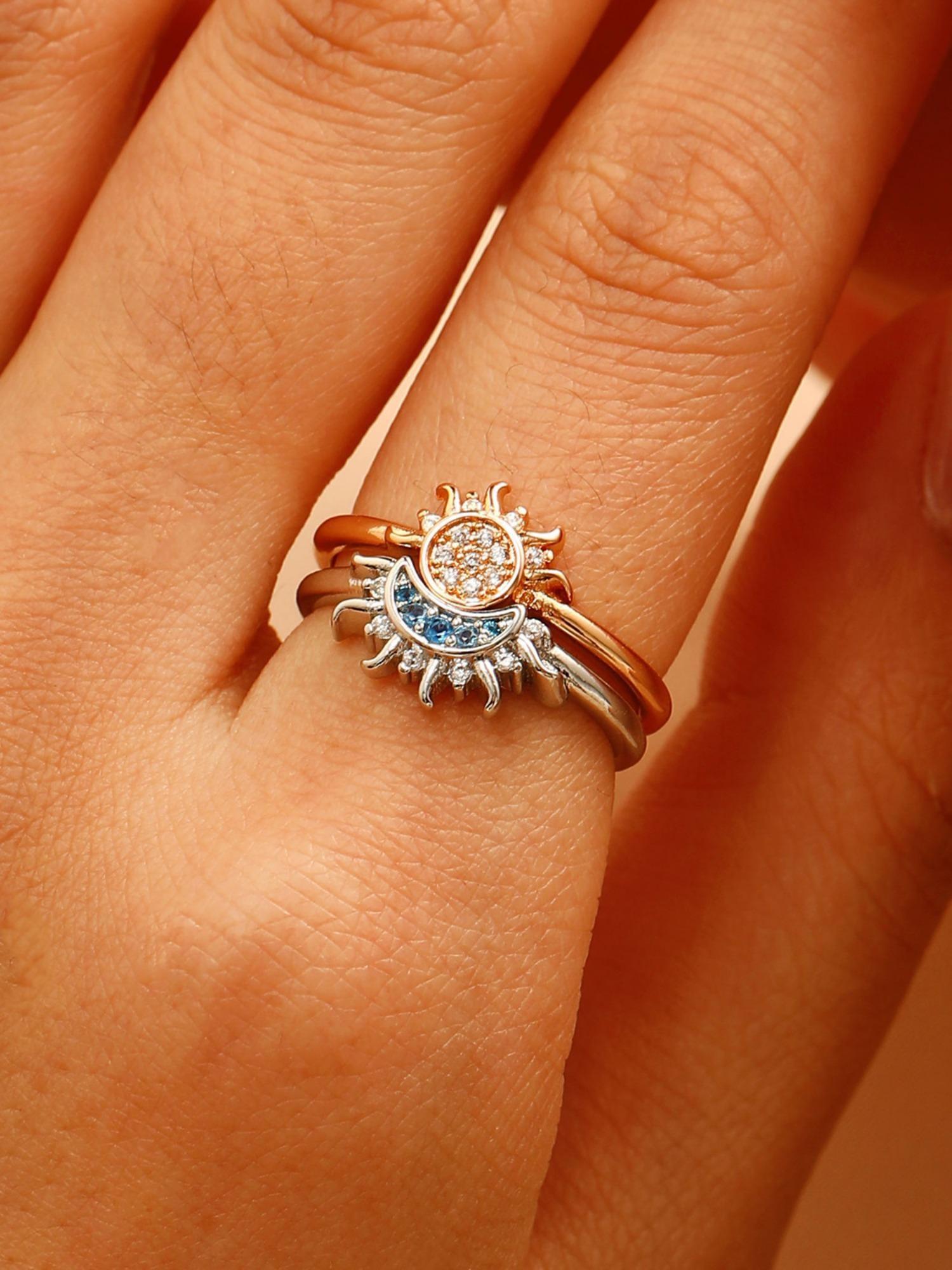 Sun Moon Day Night Star Ring Set Couple Stackable High-End Fashion Jewelry, Perfect for Parties, Daily Wear, Holiday Gifts