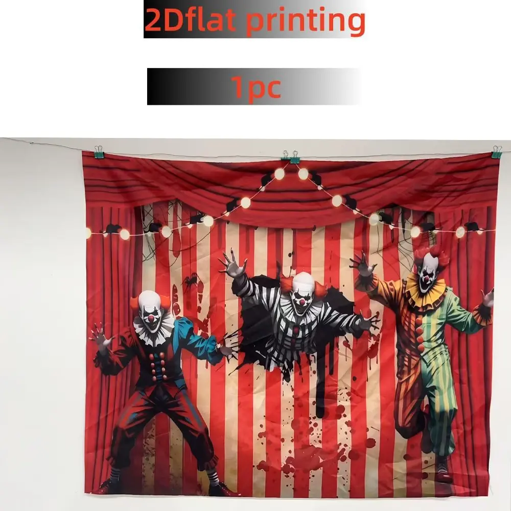 2D Flat Banner 1pc, Backdrop, Horror Circus Clown Theme, Blood Stained Striped Curtain Decor, Haunted House Setup/Halloween Party/Bar Event/Escape Room/Photography Prop, Polyester, Indoor & Outdoor