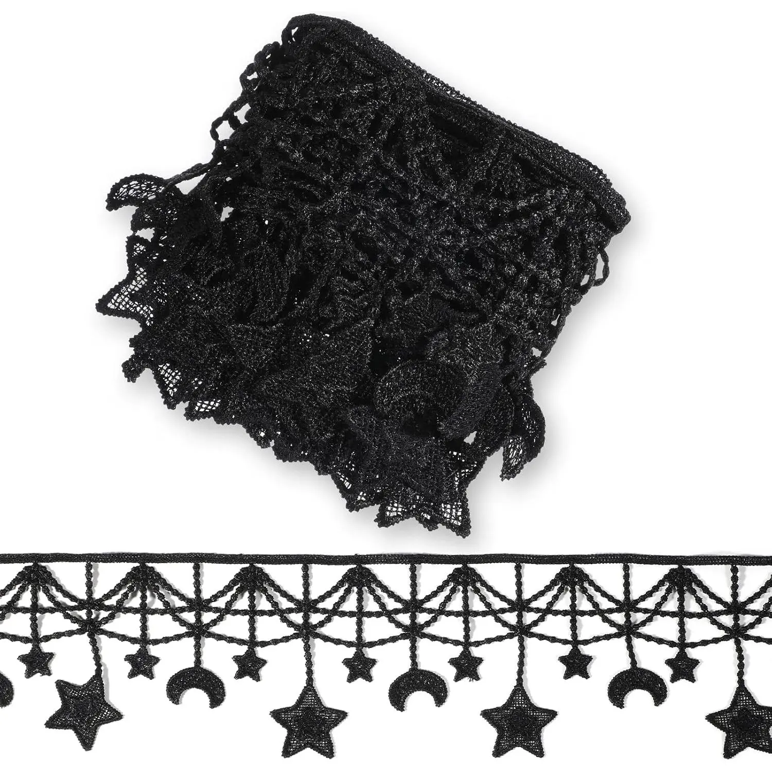 3 Yards Black Embroidered Lace Trim, Vintage Moon and Star Lace Fabric Ribbon for DIY Sewing Crafts Home Decor Gift Wrapping Wedding Applique