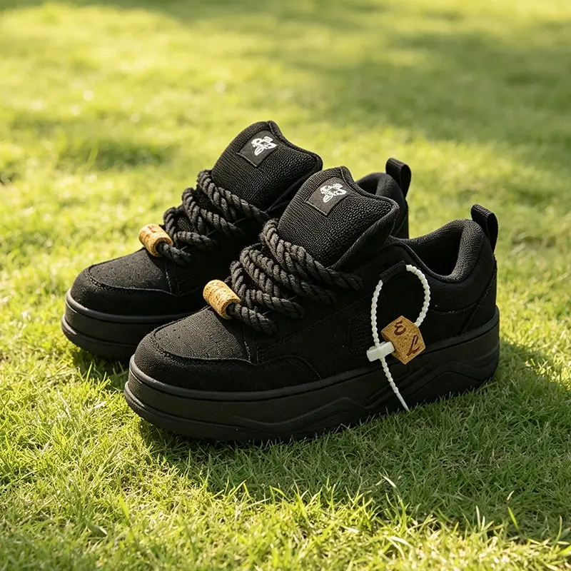 Back‑to‑School Unisex Black Chunky Platform Bread Sneakers, Comfort Thick‑Sole Skate Board Shoes With Rope Lace Wooden Decor, Non‑Slip Trendy Casual Footwear For Teen Boys Girls College Students