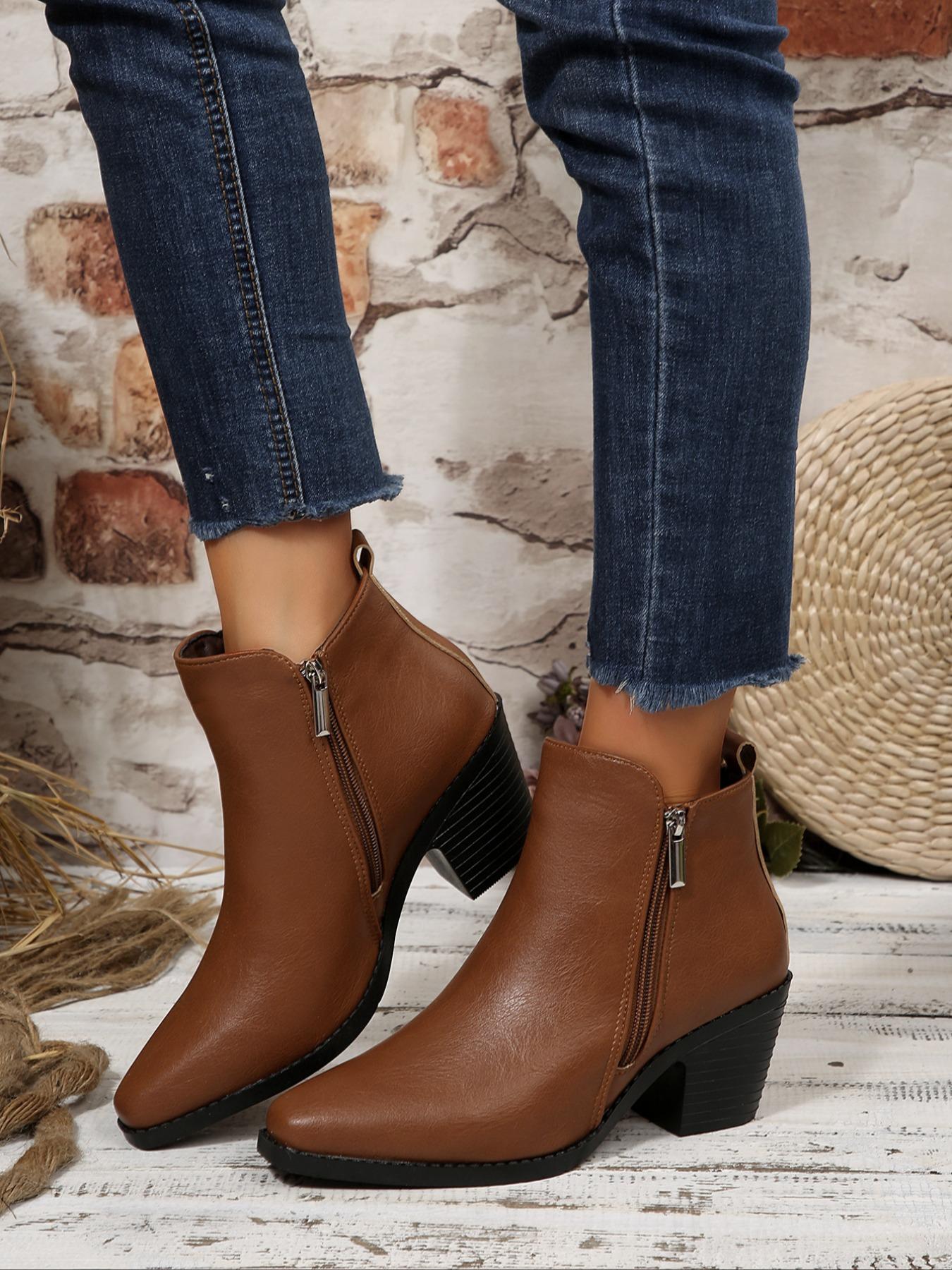 Women's Fashion Fall High Heel Square Toe Ankle Boots with Dual Zipper, Stylish Comfortable Short Booties for Casual Wear