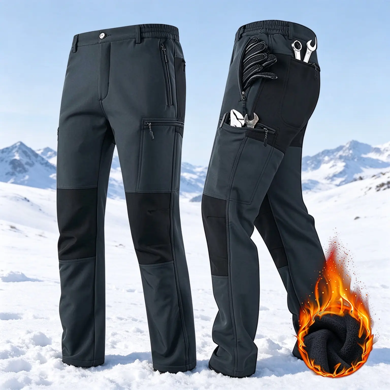 Men's Fleece Lined Softshell Cargo Pants, Water Resistant Multi-Pocket Tactical Pants, Warm Windproof Straight Leg Outdoor Hiking Trousers for Winter