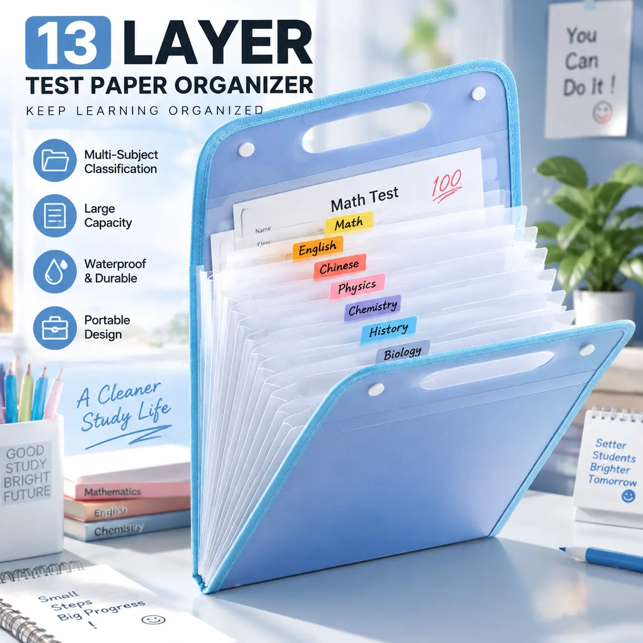 13‑Pocket Expanding File Folder, A4 Portable Handheld Document Organizer, Waterproof Paper Storage Bag with Color Labels, Large‑Capacity Accordion Folder for School Homework Office Paper Classification-YY2