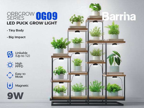 Barrina Orbgrow OG09 Puck LED Grow Light, 5000K 9W(135 Watt Equiv), Plant Lights for Indoor Plants Full Spectrum, Magnetic & Linkable, Small Grow lamp, Perfect for Plant Shelf, 1 Pack, Black
