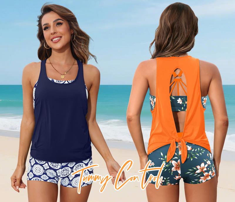 Aqua Eve Three Piece Tankini Swimsuit for Women Tank Bathing Suit with Shorts Open Back Athletic Swimwear
