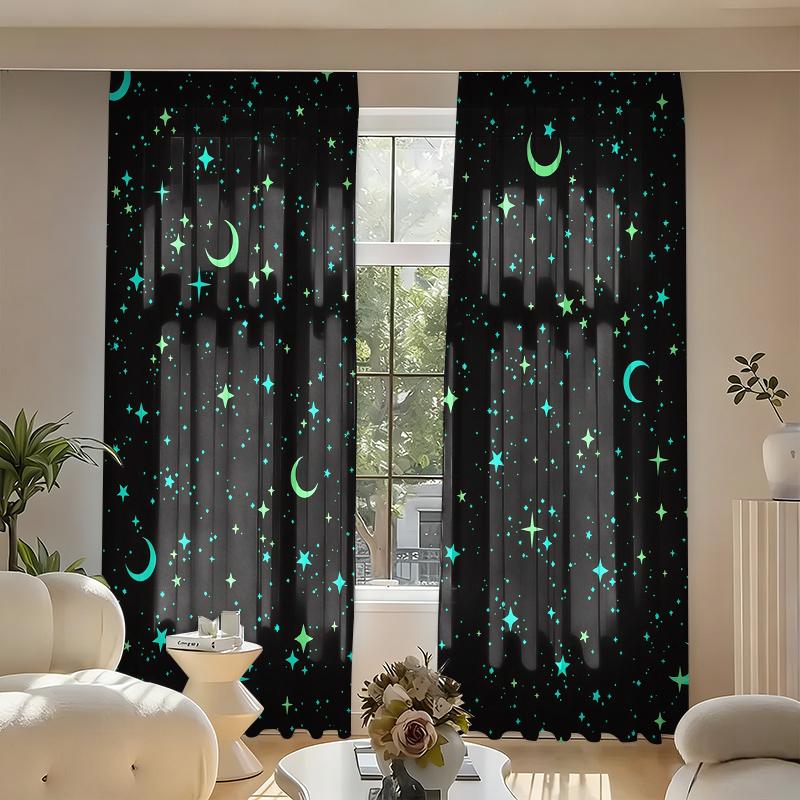 2 pieces of star-patterned curtains, made of polyester with semi-transparent texture, machine washable, suitable for bedrooms, living rooms and home decoration.