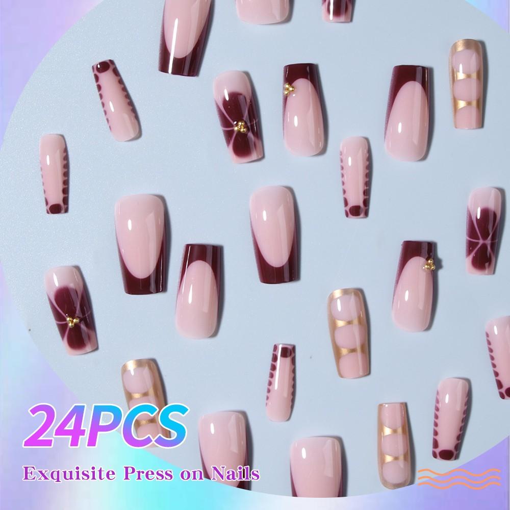 24pcs Transparent Nude Foundation Color Nail Art Set, Gold French Edge Design, Glossy Finish, Long Trapezoidal Shape, Versatile for All Occasions