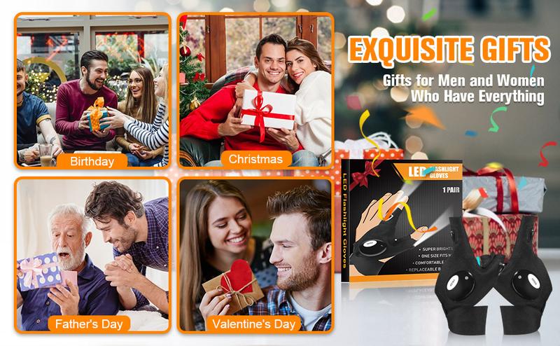 LED Flashlight Gloves, Gifts for Men Him Boyfriend Husband, Cool Gadget Finger Lights Waterproof for Camping Fishing Repairing, Fathers Day Christmas Birthday Gift