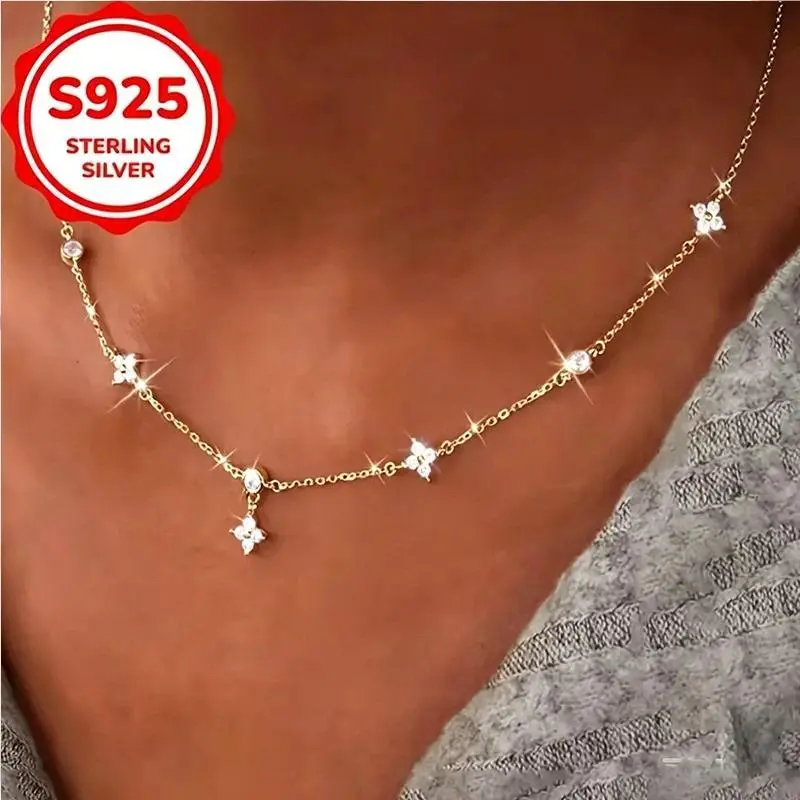 S925 Sterling Silver Clover CZ Choker Necklace 14K Gold Plated Dainty Starburst Chain for Women Dainty Jewelry