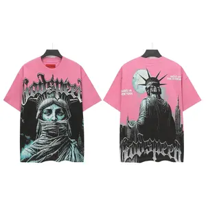 Godspeed Statue of Liberty Graphic T-Shirt Pink Vintage Washed Oversized Streetwear Unisex Hip Hop Tee