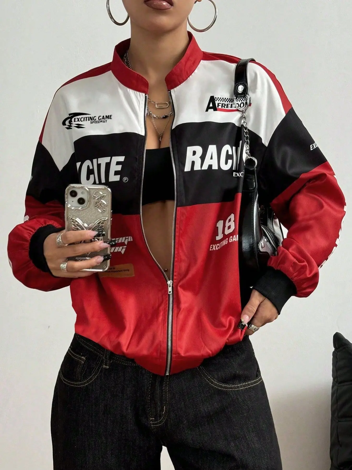Women's Colorblock Racing Jacket, Zip-Up Letter Print Pilot Style Outerwear, Loose-Fit Streetwear for Fall, Casual & Trendy