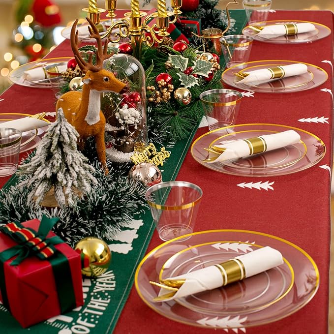 Clear/Gold/Silver/Rose Disposable Plates and Silverware Set: Dinner Plates,Dessert Plates, Cups, Knife, forks, spoons-Perfect for Party