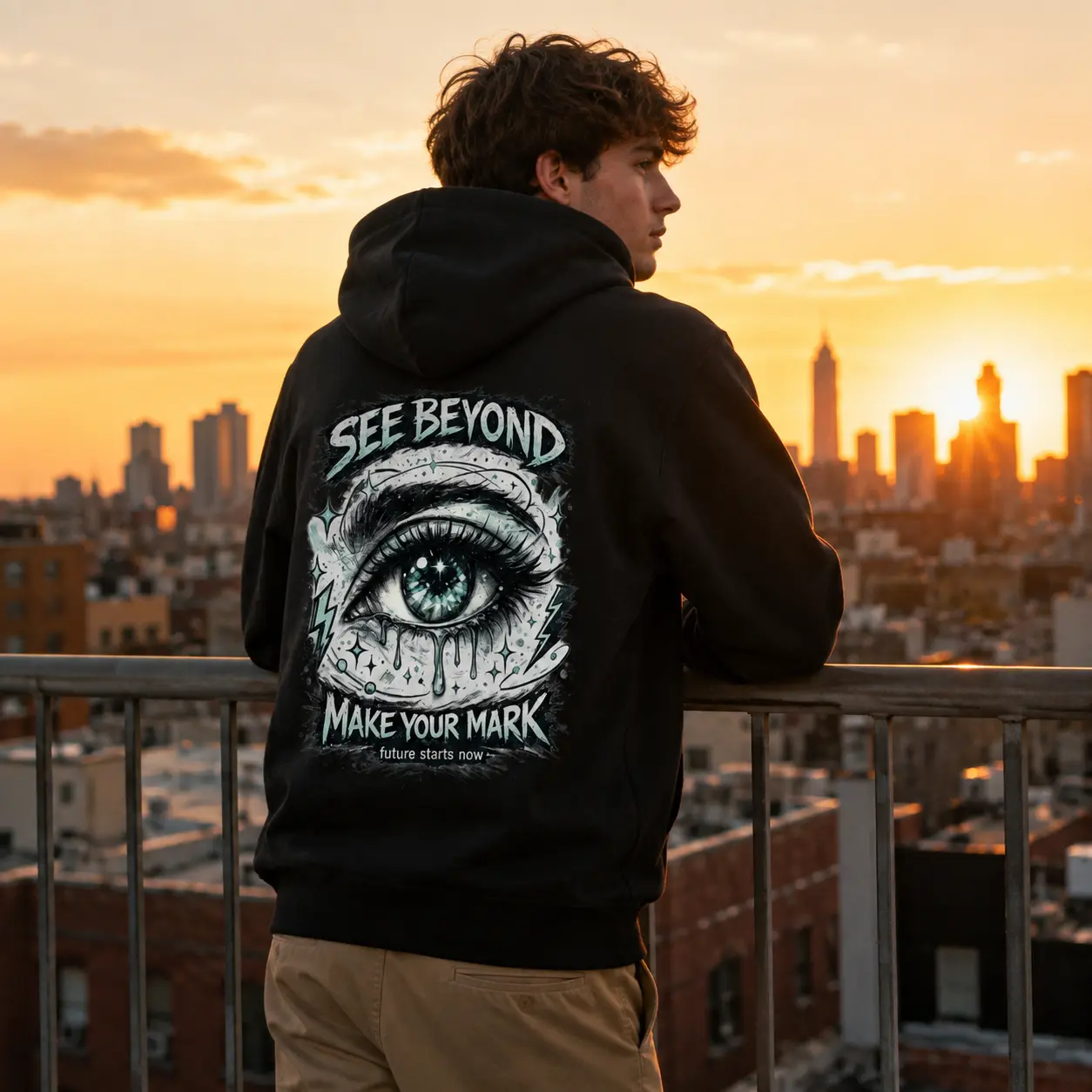Men's See Beyond Graphic Pullover Hoodie - Inspirational Eye Print, Vintage Streetwear, All Seasons Top for Outdoor Adventures & Casual Everyday Wear, Unique Gift Idea