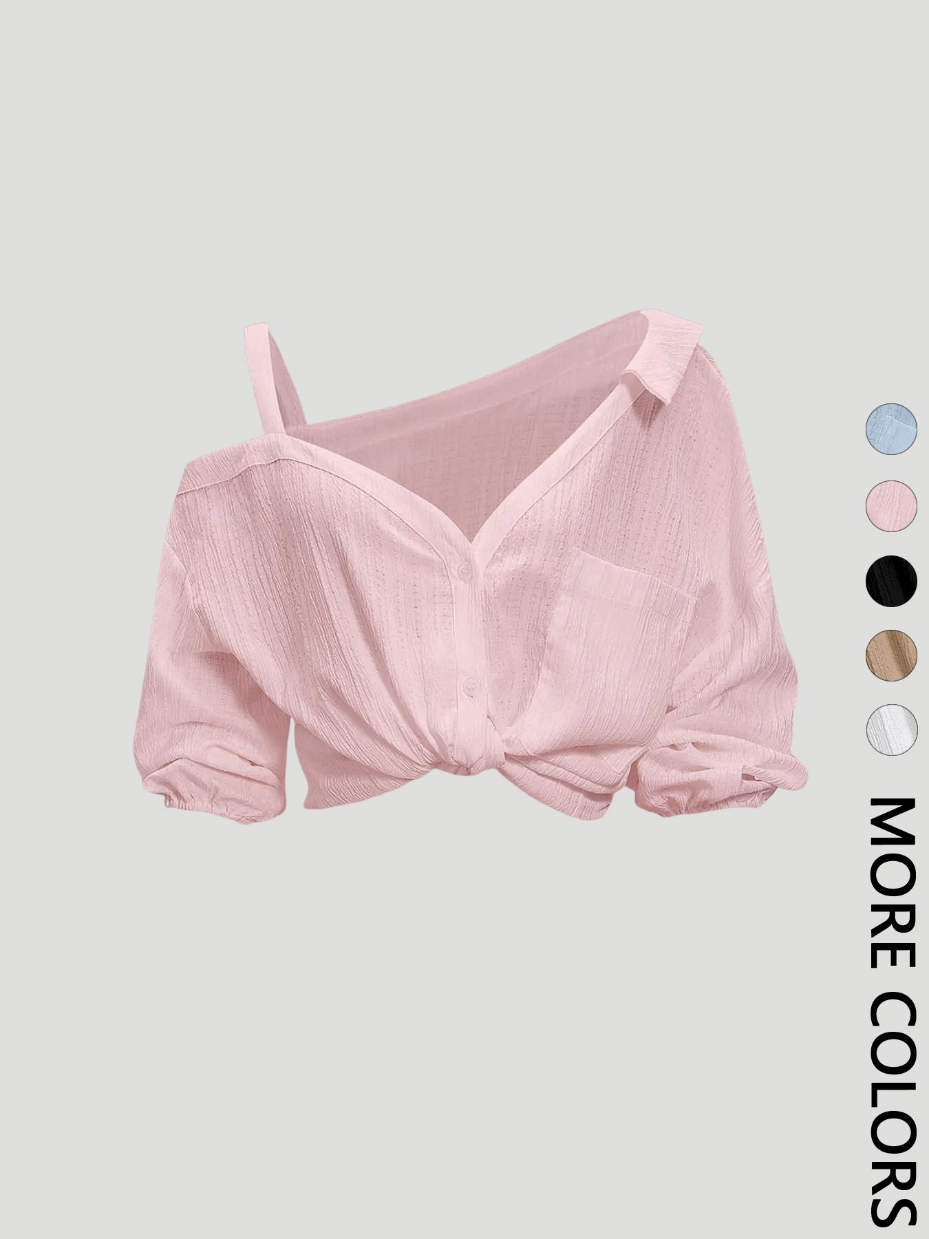 Women's Asymmetric Neckline Cold Shoulder Blouse, Collared Button Down 3/4 Sleeve Design, Textured Fabric, Clean Girl Top, Casual Chic Style Clothes for Vacation, Beach and Daily Wear, Spring & Summer Wear