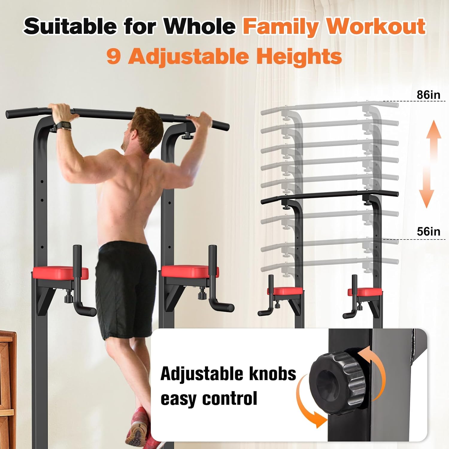 RelifeSports Power Tower Dip Station Pull Up Bar Height Adjustable 9 Levels for Home Fitness 400LBS Multi-Function HomeGym Strength Training Equipment Whole Body Workout