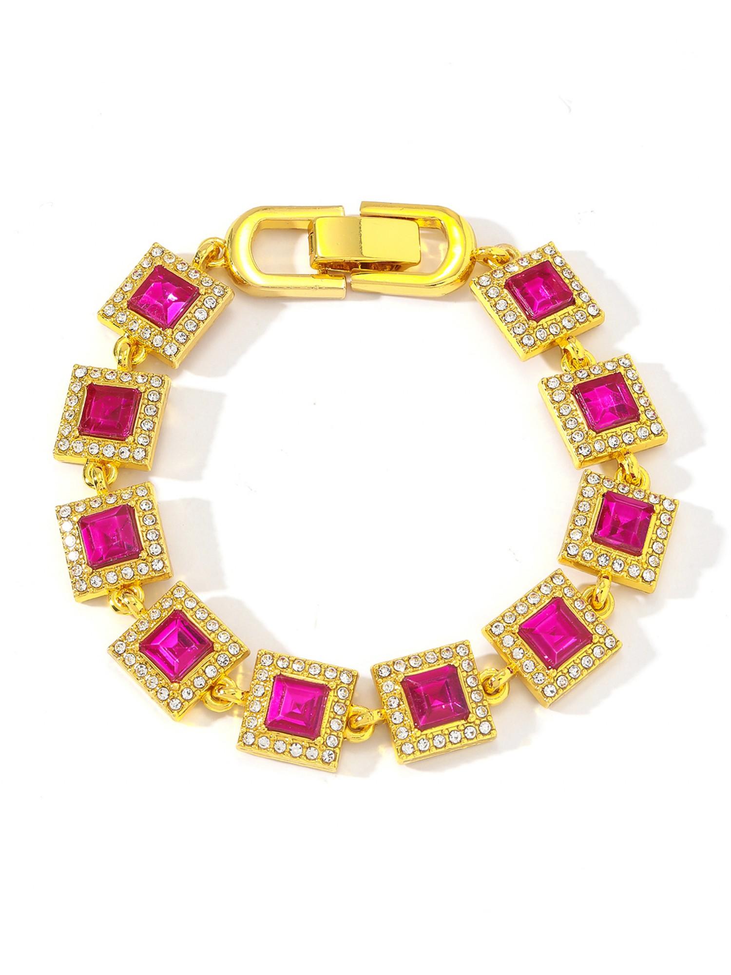 Trendy Spliced Square Color Necklace Bracelet Set, Unisex Iced Out Blingbling Design, Ideal Jewelry Gift & Punk Style Accessory