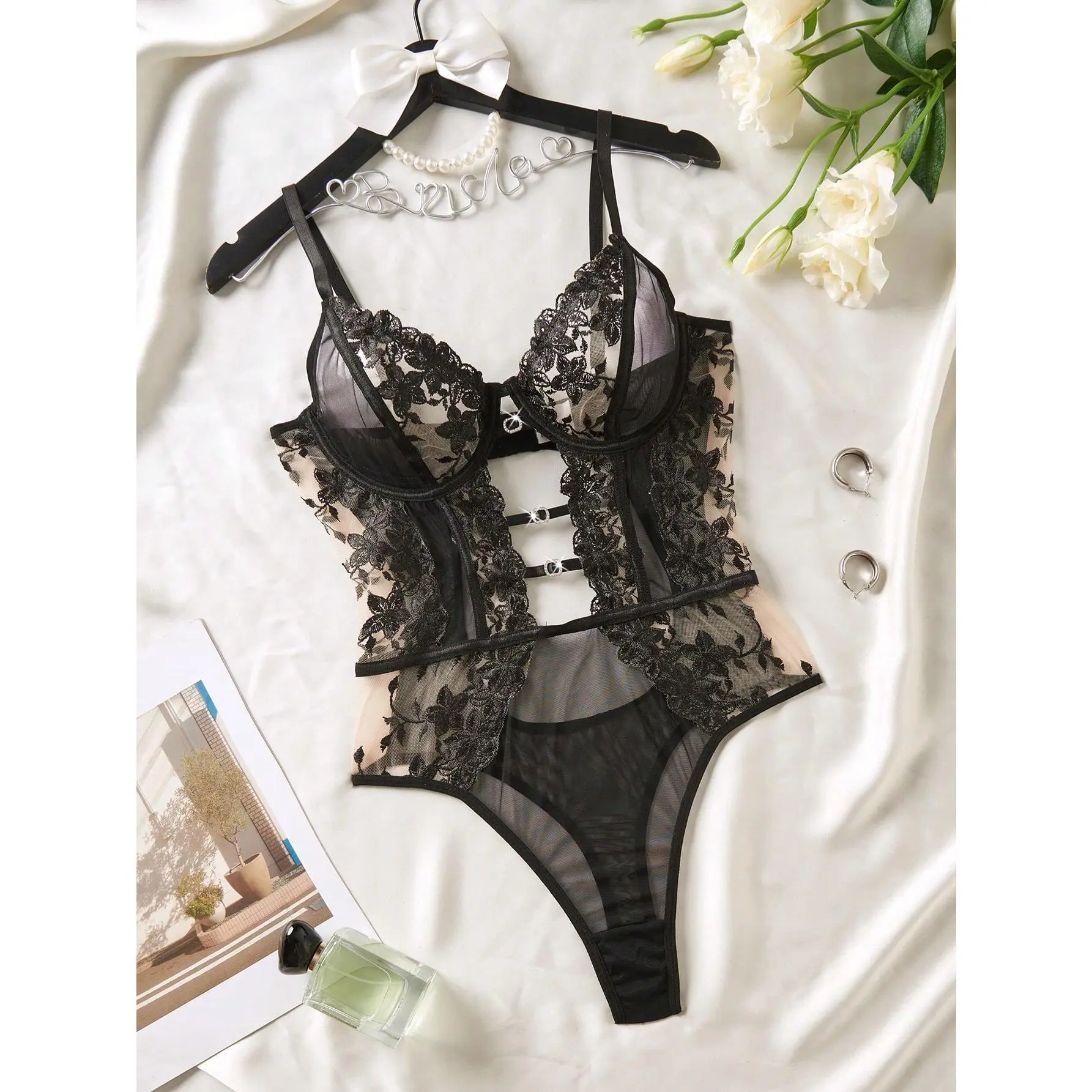 Women's Elegant Floral Embroidery Mesh Jumpsuit Lingerie - 1pc Bridal Straps Outfit with Premium Fabrics for Honeymoon, Anniversary, Adjustable, Feminine, Breathable, Sheer, Flowers, Floral Pattern Teddy Lingerie & Bodysuits