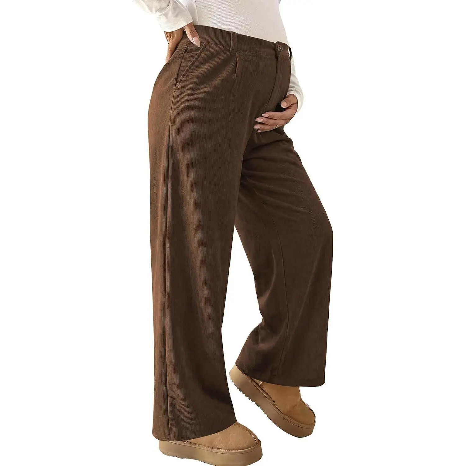 Women's High Waisted Maternity Corduroy Pants | Elastic Waist Wide Leg Maternity Pants with Pockets,Business Casual Work Trousers,Fall Winter Pregnancy & Postpartum Outfits